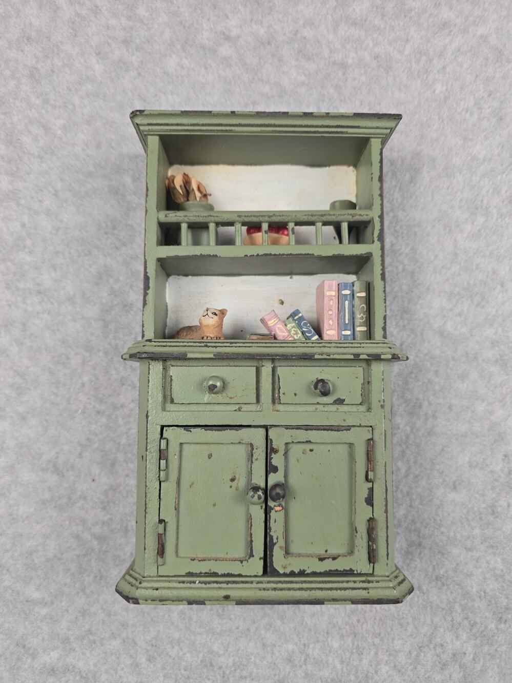 Vintage 9" Green Wooden Kitchen Hutch Buffet Cabinet Books Cat 1:6 Scale Barbie